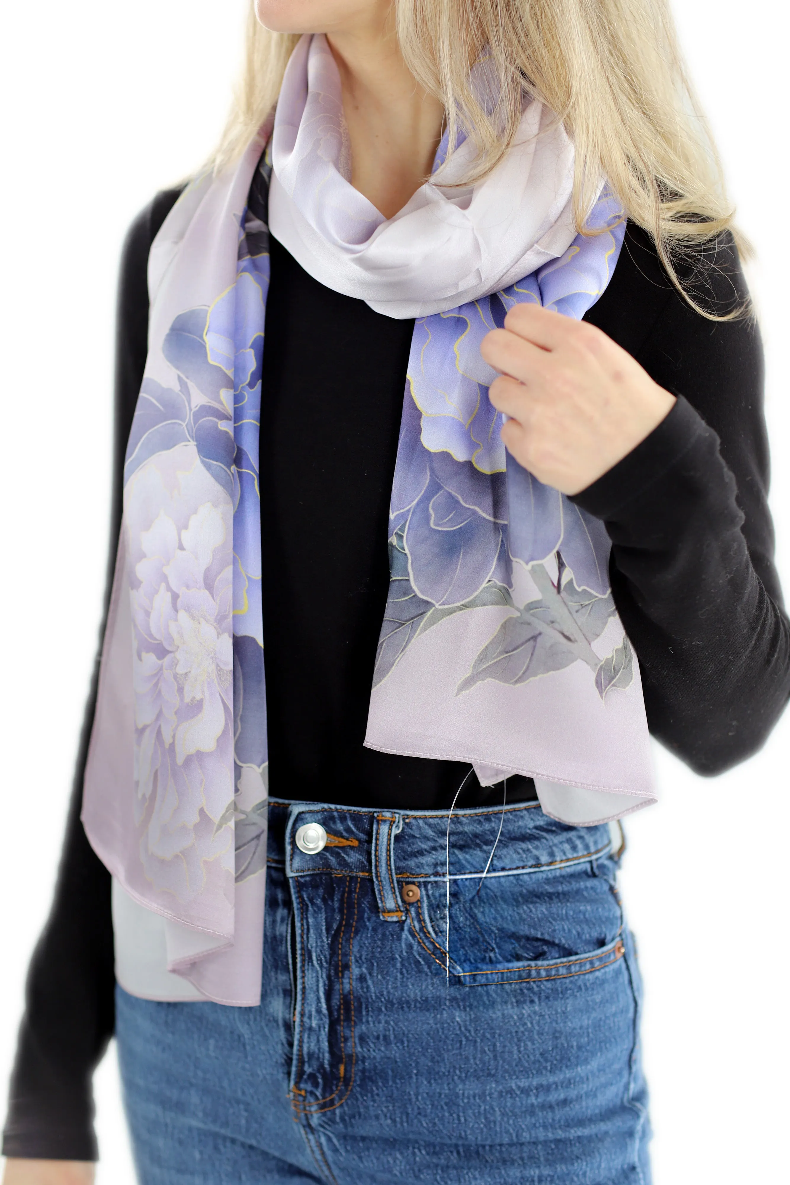 100% Silk Floral Print Scarf - Purple - (One Size 68x21.2in)