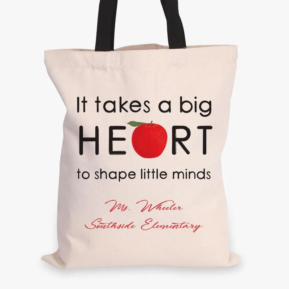 Big Heart Teacher Personalized Black Handle Tote Bag | Custom Teacher Gifts