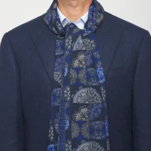 Blue Medallion Patchwork and Madras Pattern Wool Scarf