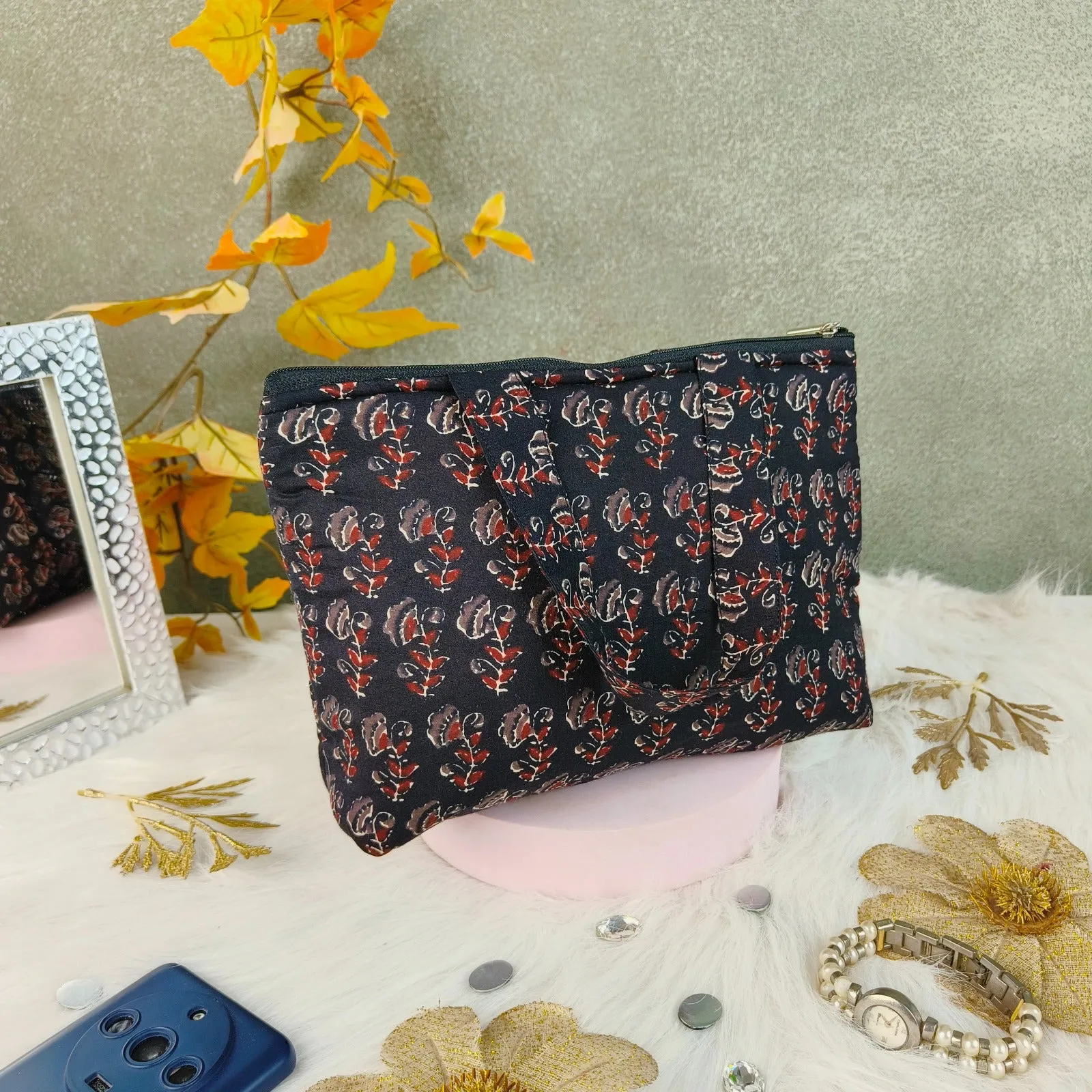 Bristlefront everyday handy bag Black with Red Floral Prints Design