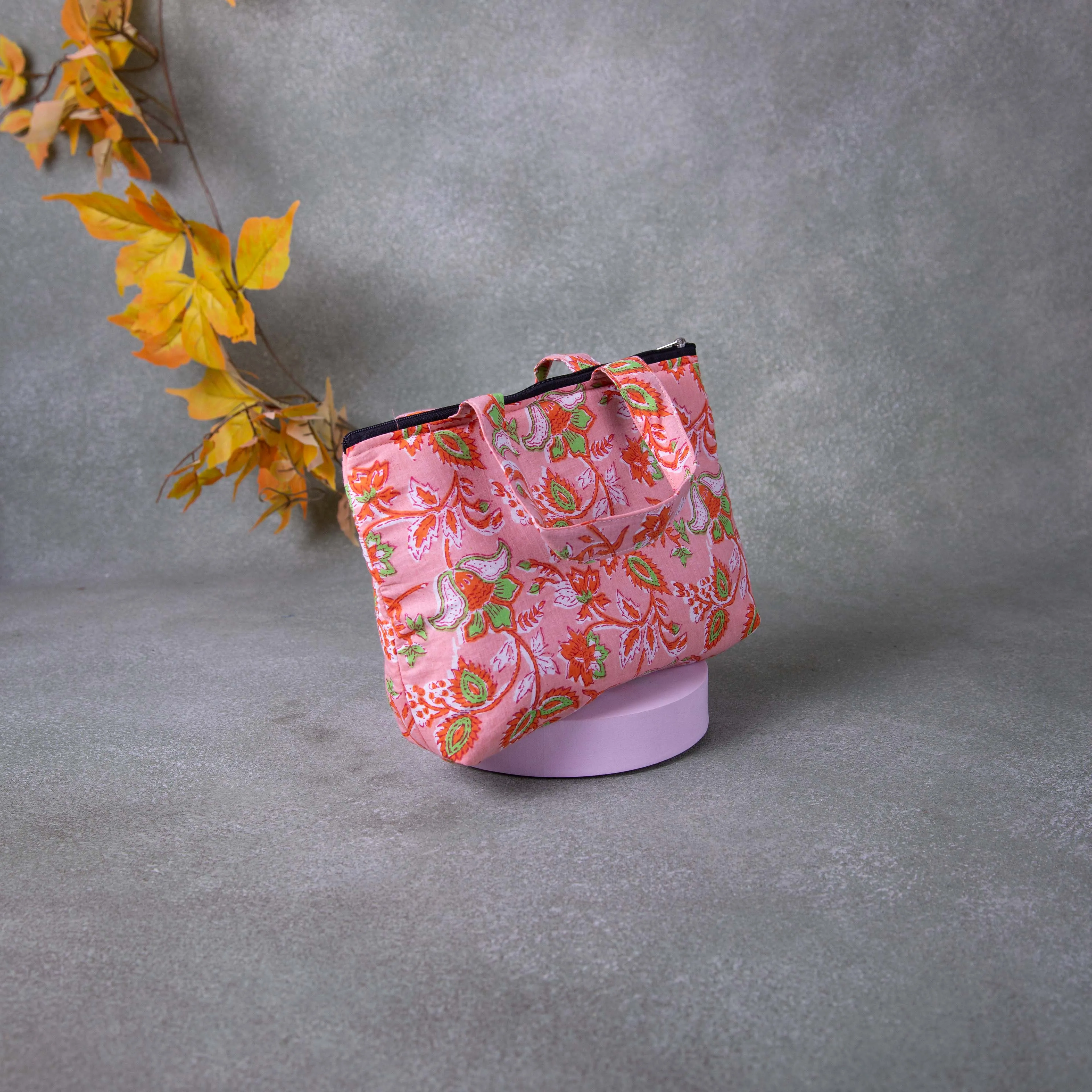 Bristlefront everyday handy bags Orange Colour with Beautiful Flower Printed Design.