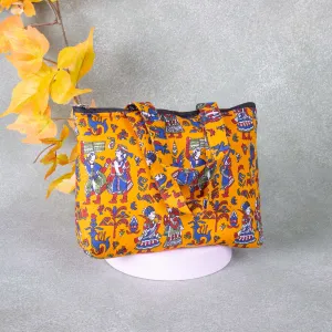 Bristlefront everyday handy bags Yellow Colour Kalamkari Design.