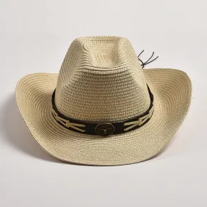 Classical Straw Western Cowboy Hats Wide Brim Retro Bull Head Jazz Hat