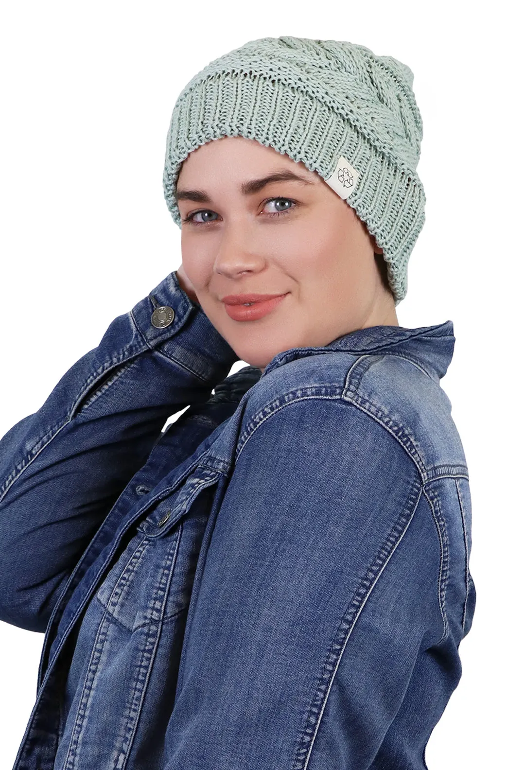 Comfy Cap Cable Knit Beanie Chemo Headwear Made From Recycled Water Bottles