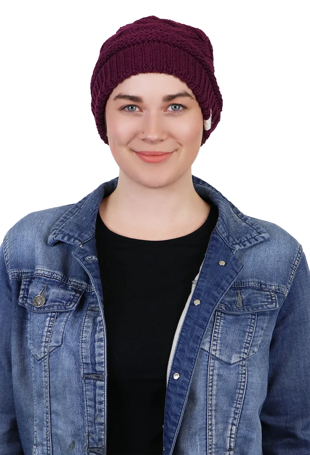 Comfy Cap Cable Knit Beanie Chemo Headwear Made From Recycled Water Bottles