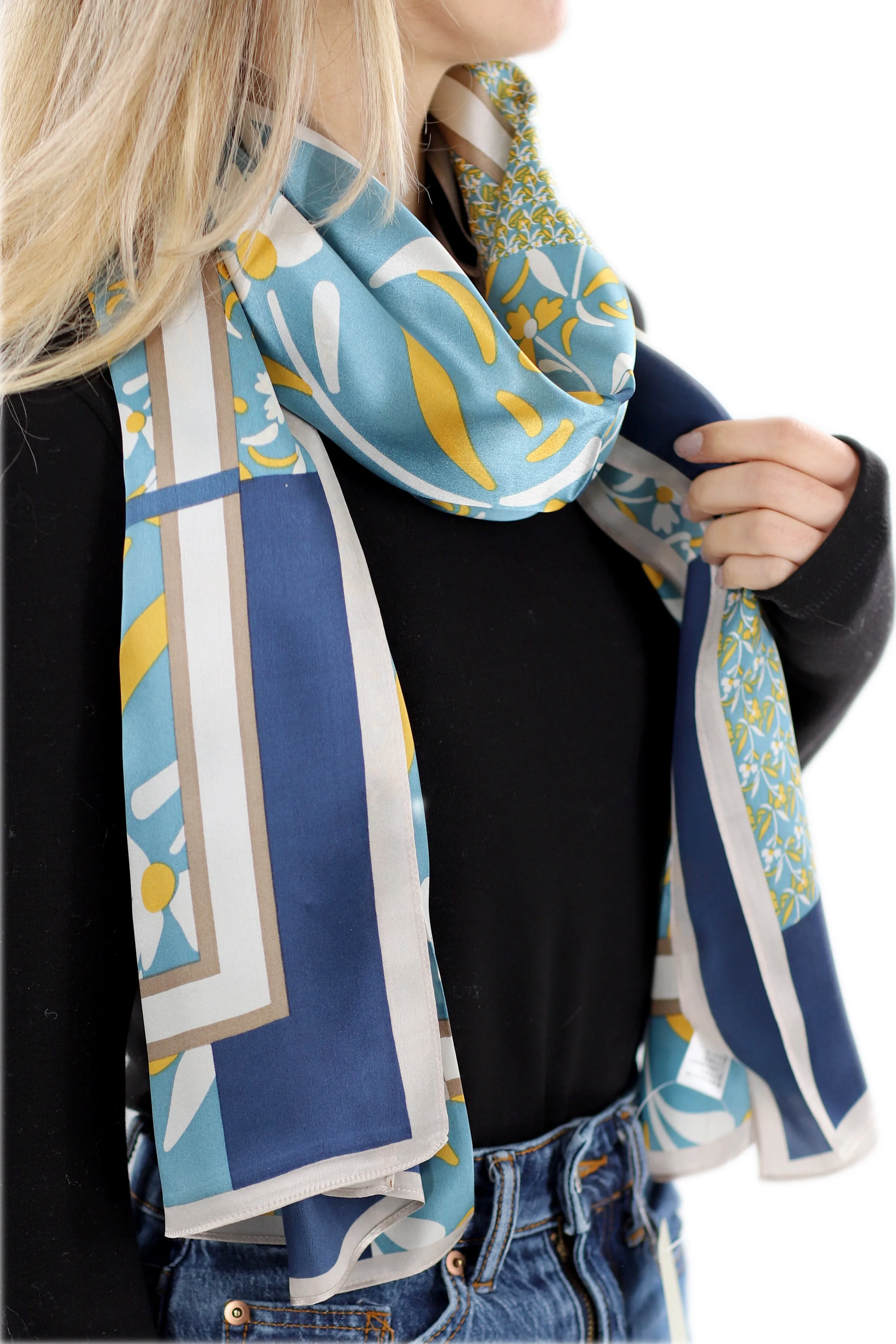 Elegant 100% Silk Floral Print Scarf - Blue - One Size (38x30in)