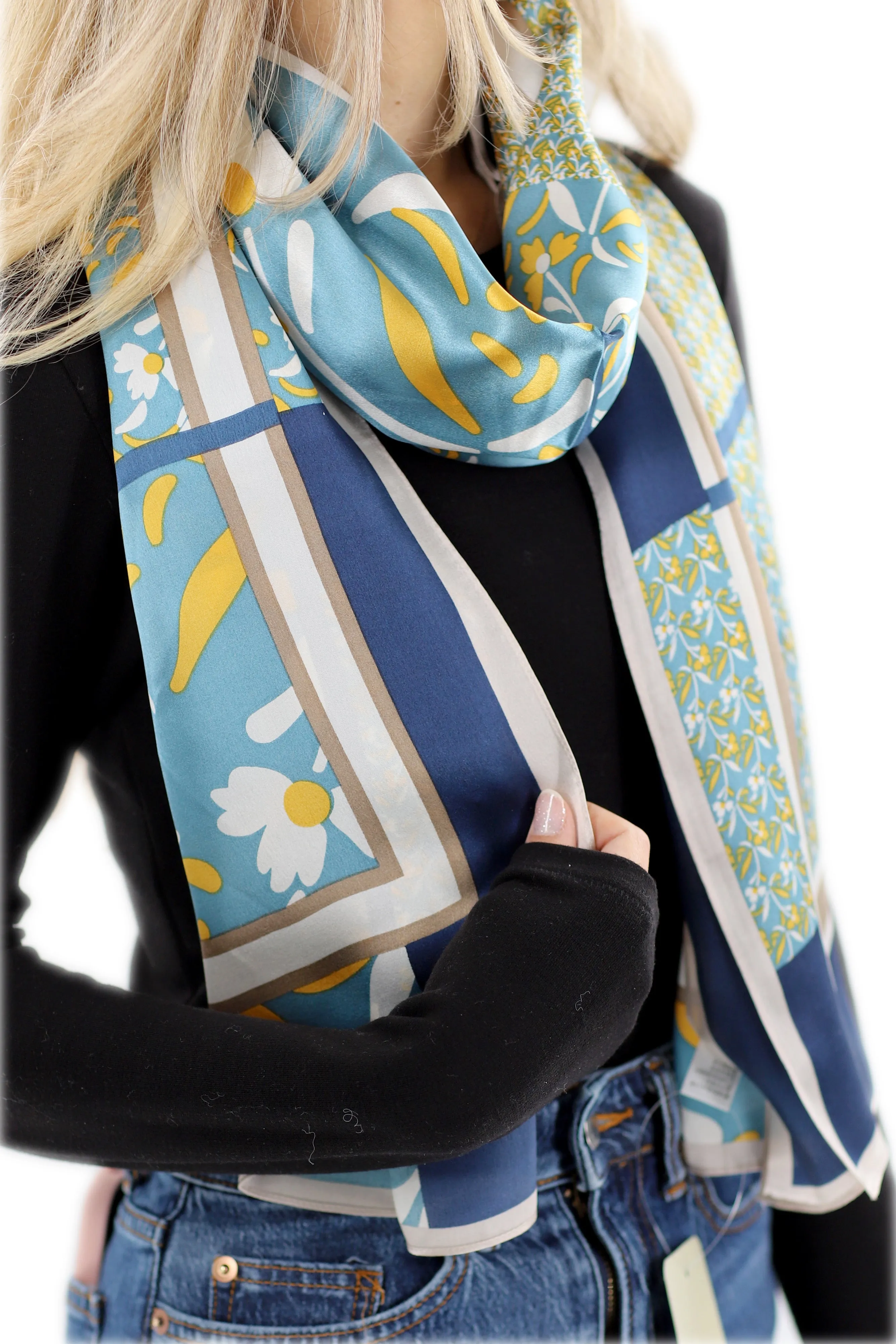 Elegant 100% Silk Floral Print Scarf - Blue - One Size (38x30in)