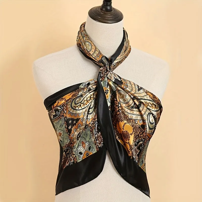 Elegant Satin Square Scarf Vintage Paisley Print Bandana