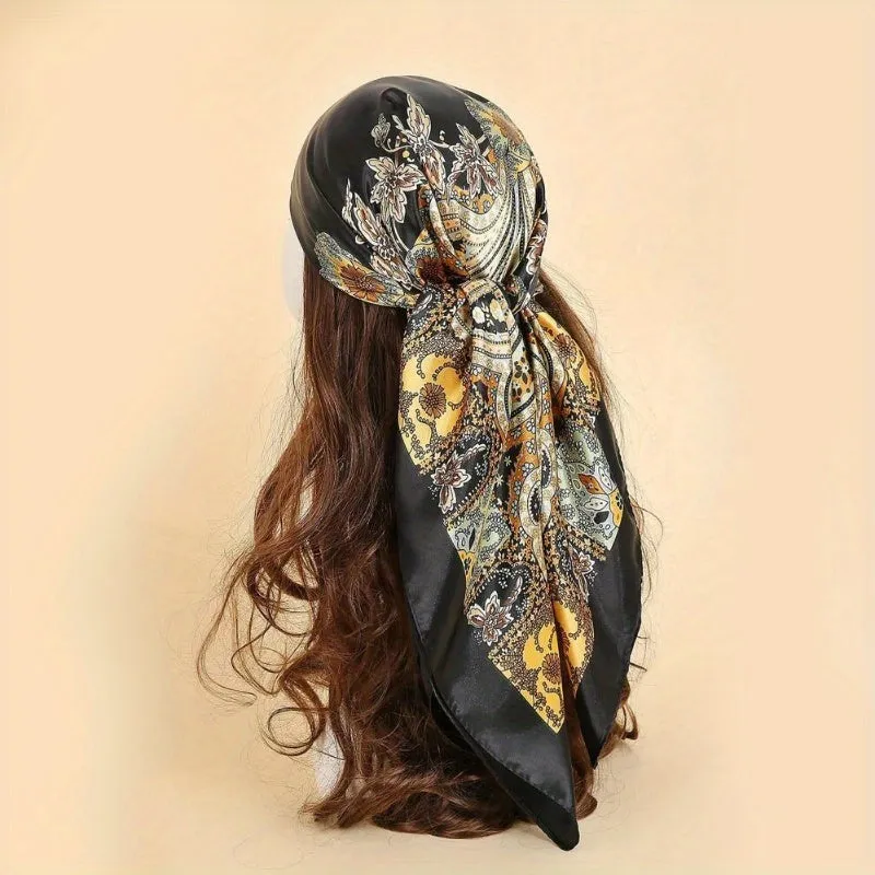 Elegant Satin Square Scarf Vintage Paisley Print Bandana