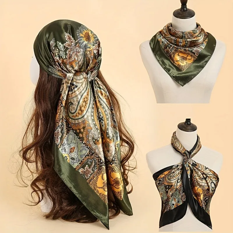 Elegant Satin Square Scarf Vintage Paisley Print Bandana