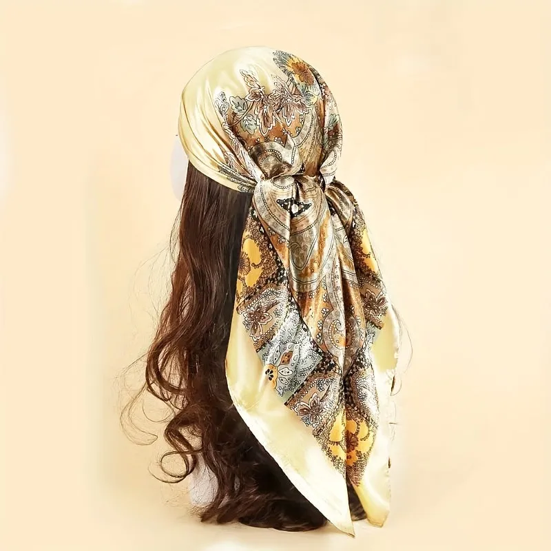 Elegant Satin Square Scarf Vintage Paisley Print Bandana