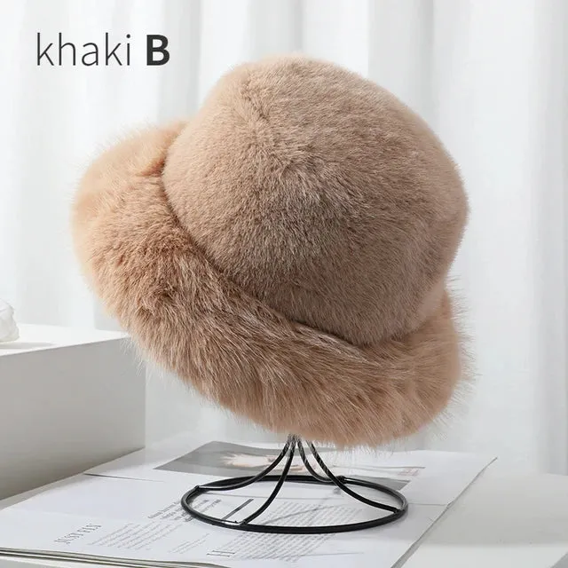 Fluffy Faux Fur Bucket Hats Women Warm Thick Plush Winter Hat