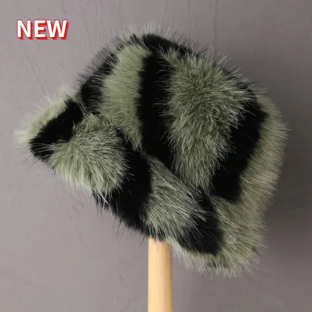 Fluffy Faux Fur Bucket Hats Women Warm Thick Plush Winter Hat