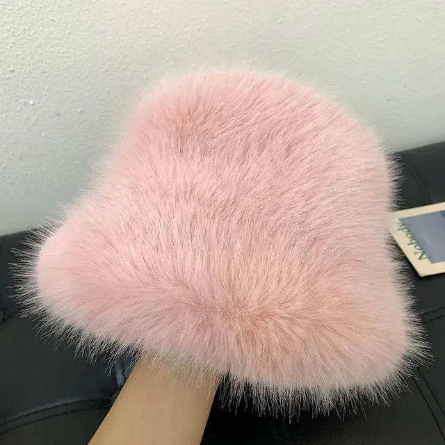 Fluffy Faux Fur Bucket Hats Women Warm Thick Plush Winter Hat