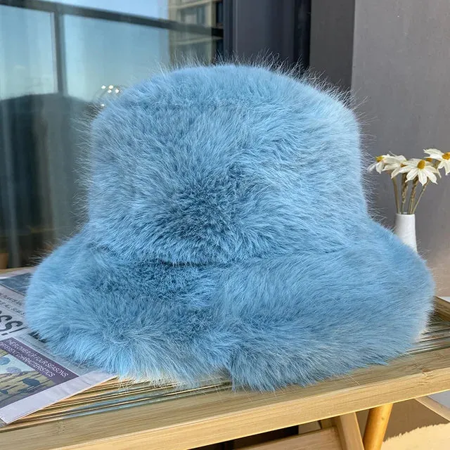 Fluffy Faux Fur Bucket Hats Women Warm Thick Plush Winter Hat