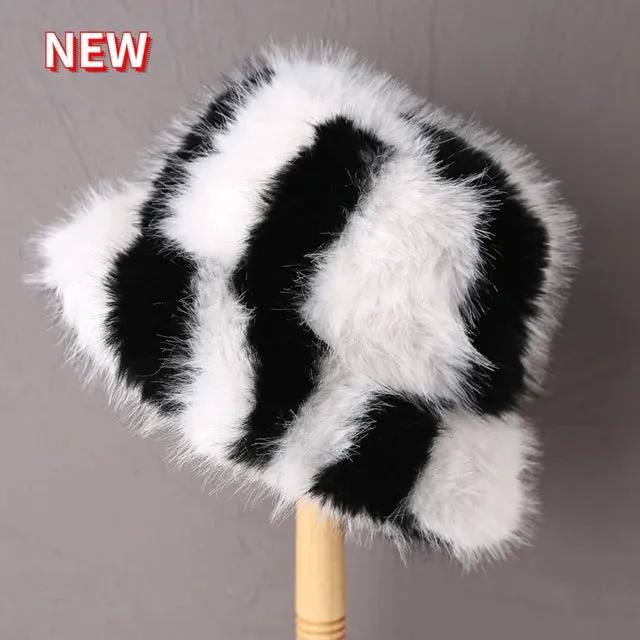 Fluffy Faux Fur Bucket Hats Women Warm Thick Plush Winter Hat