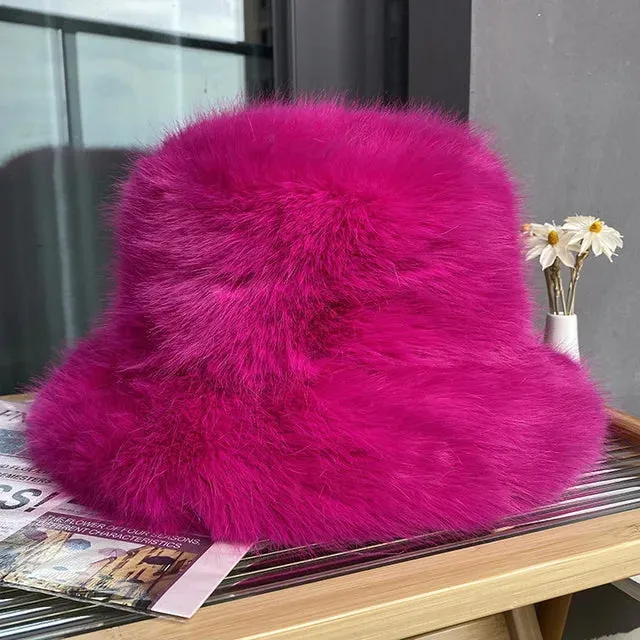 Fluffy Faux Fur Bucket Hats Women Warm Thick Plush Winter Hat