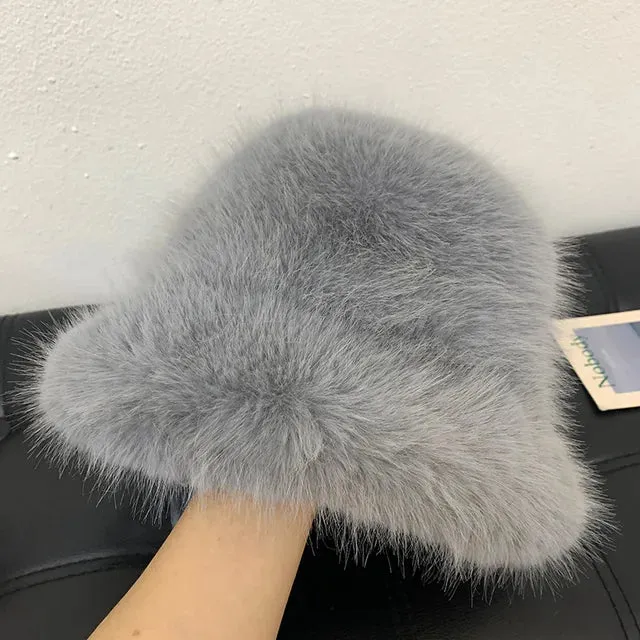 Fluffy Faux Fur Bucket Hats Women Warm Thick Plush Winter Hat