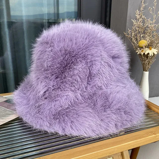 Fluffy Faux Fur Bucket Hats Women Warm Thick Plush Winter Hat