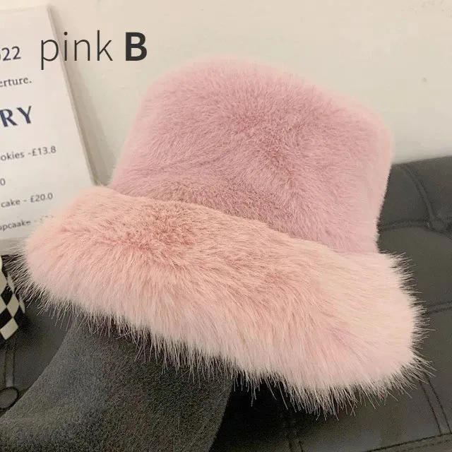 Fluffy Faux Fur Bucket Hats Women Warm Thick Plush Winter Hat