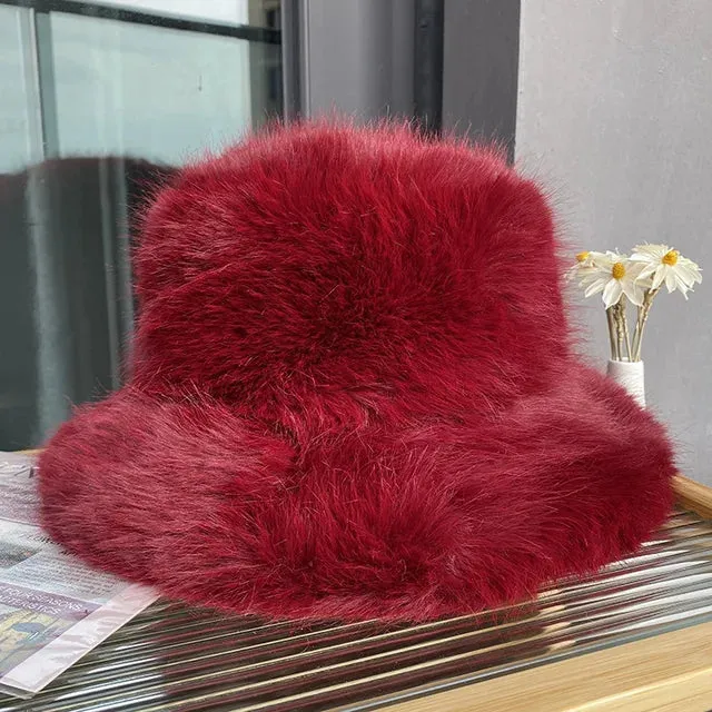 Fluffy Faux Fur Bucket Hats Women Warm Thick Plush Winter Hat