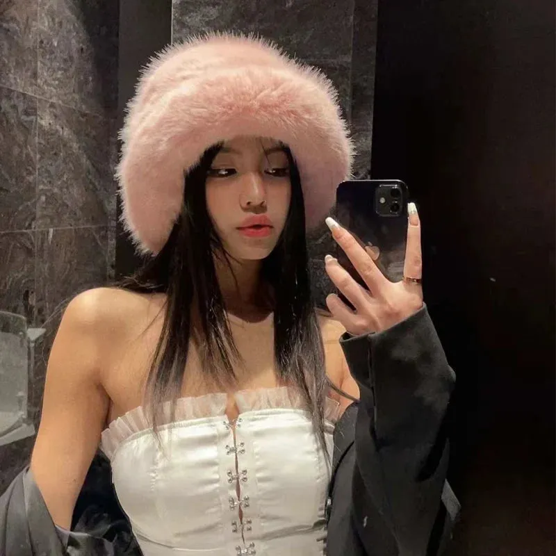 Fluffy Faux Fur Bucket Hats Women Warm Thick Plush Winter Hat