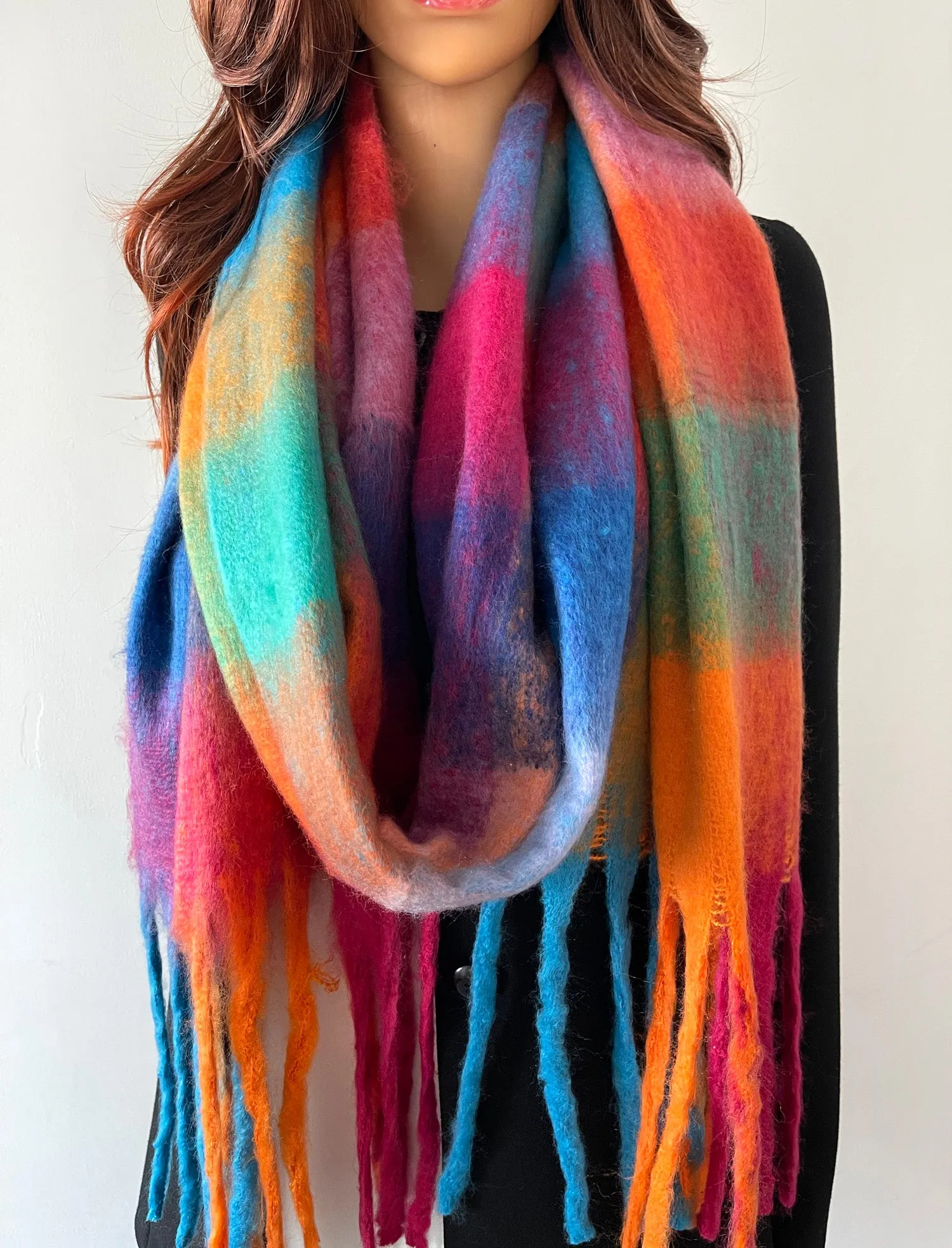 FUCHSIA TEAL CHECKED WOOL RAINBOW BLANKET SCARF OVERSIZED WINTER SHAWL WRAP