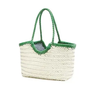 Green Beige Handcrafted Woven Leather Tote Bag, Full Grain Leather Hand Woven Triple Jump Bamboo Ladies HoBo Bag, Curve Summer Holiday Bag