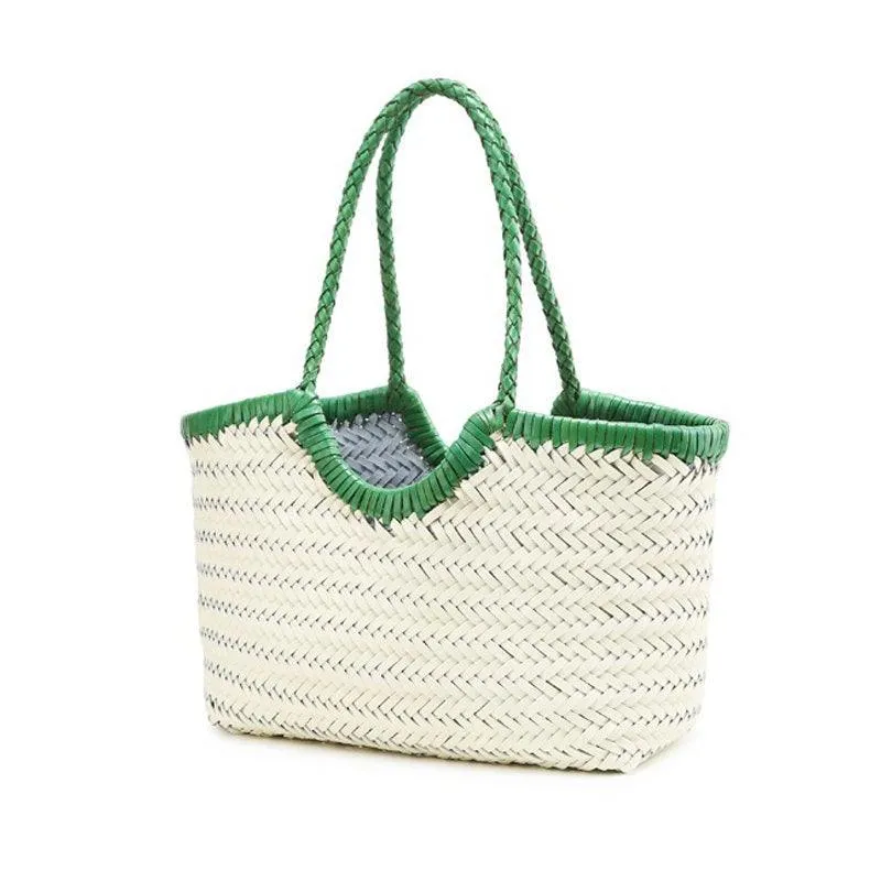 Green Beige Handcrafted Woven Leather Tote Bag, Full Grain Leather Hand Woven Triple Jump Bamboo Ladies HoBo Bag, Curve Summer Holiday Bag