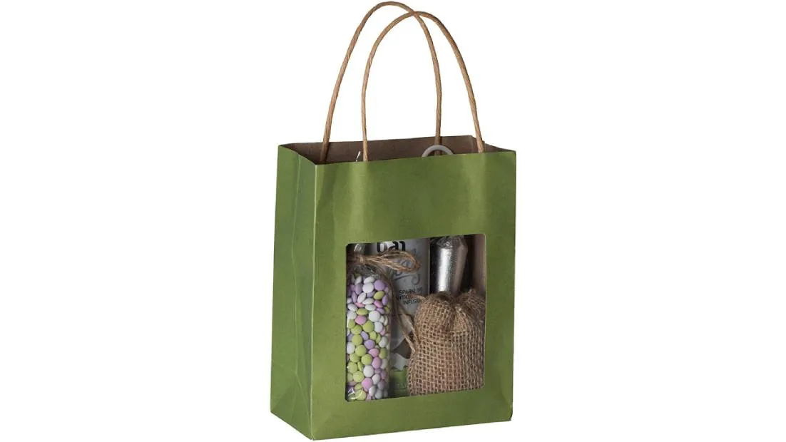 Green Kraft Paper Bag With Window 20 Pack 7.75"x 6.25"x 3"