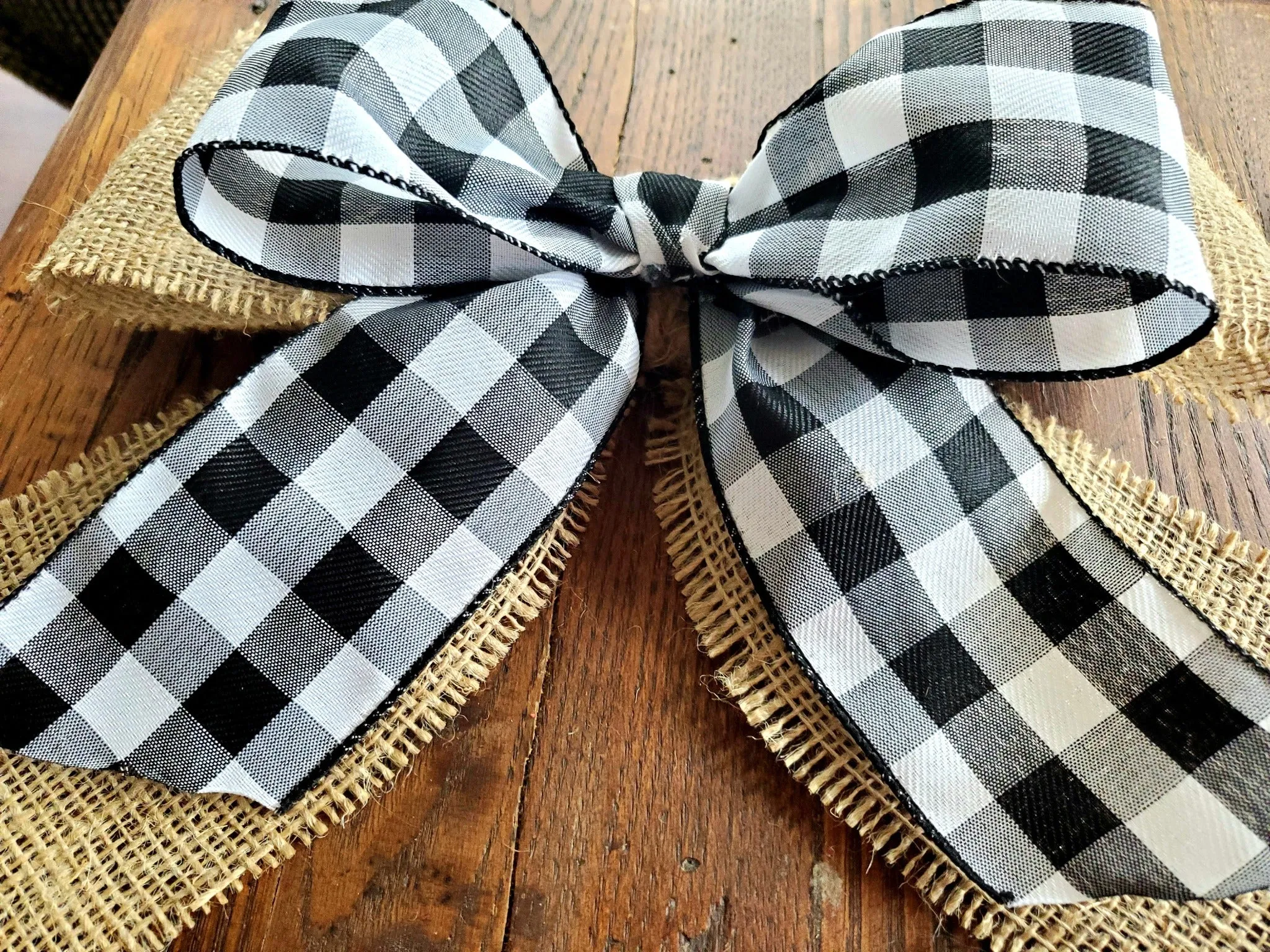 Hand Made Plaid Bow | Double Layered Black   White Buffalo Plaid