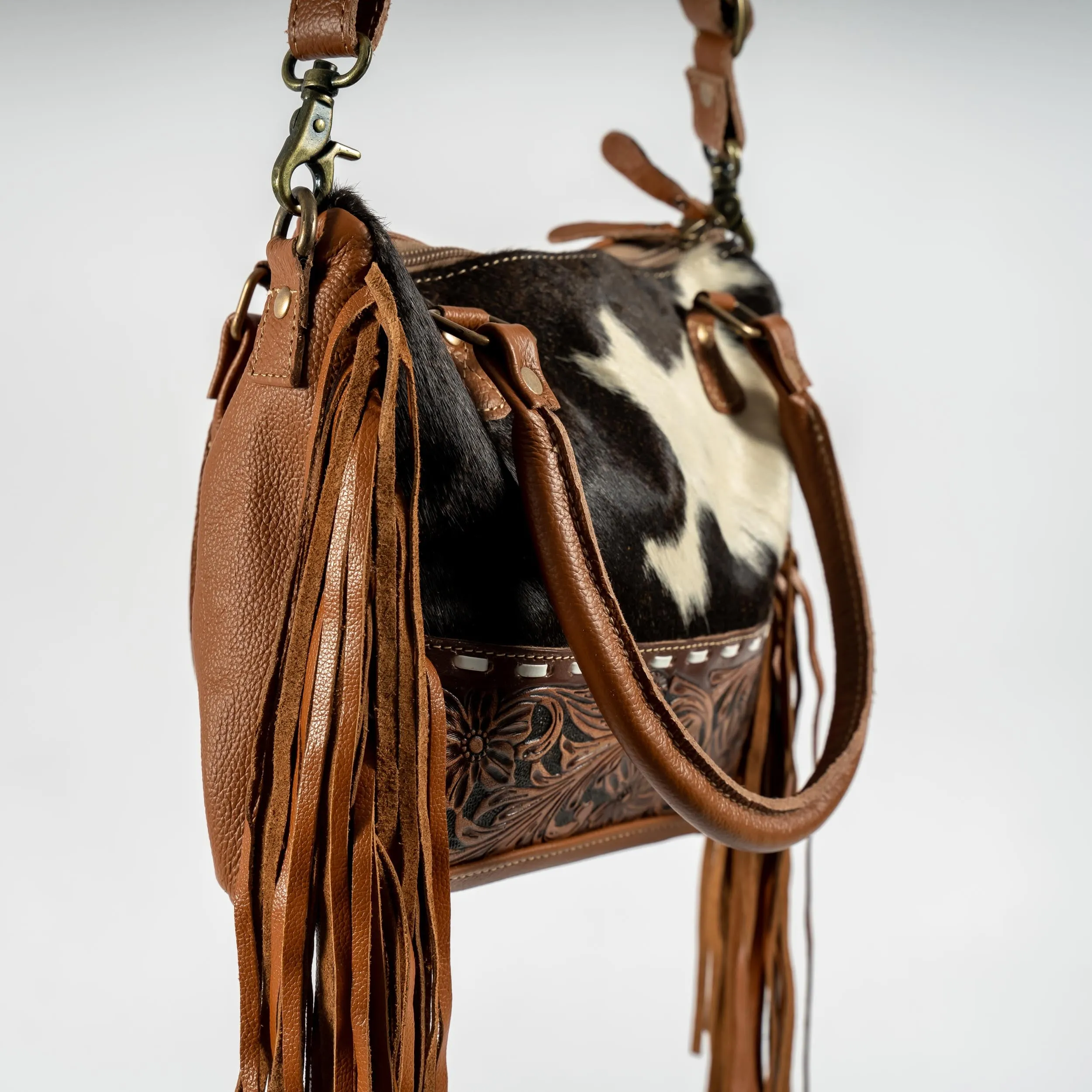 Hand-Tooled Cowhide Concealed Fringe Purse