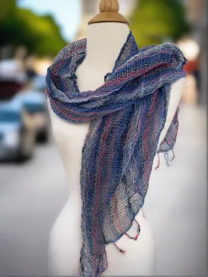 Handwoven Open Weave Cotton Scarf - Multi Blue, Salmon, Black, White