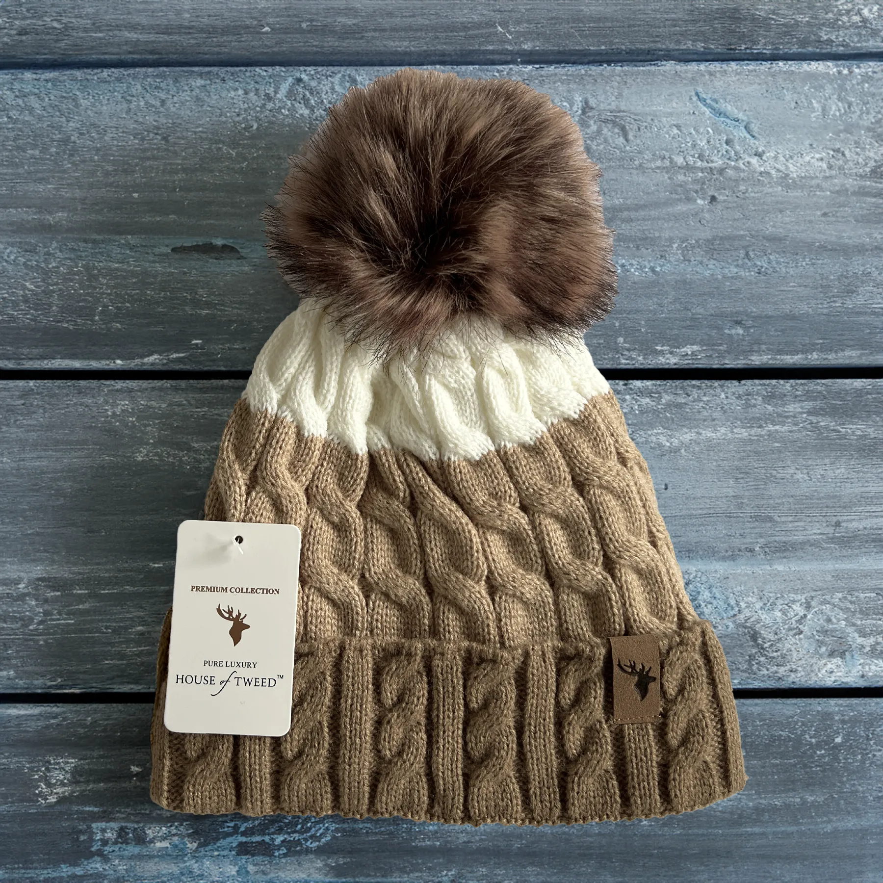 House of Tweed Luxury Plaited Ladies Bobble Pom Pom Beanie Hats