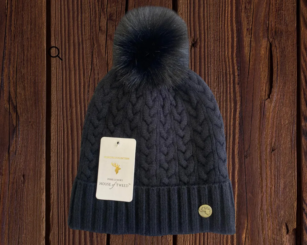 House of Tweed Luxury Plaited Ladies Bobble Pom Pom Beanie Hats