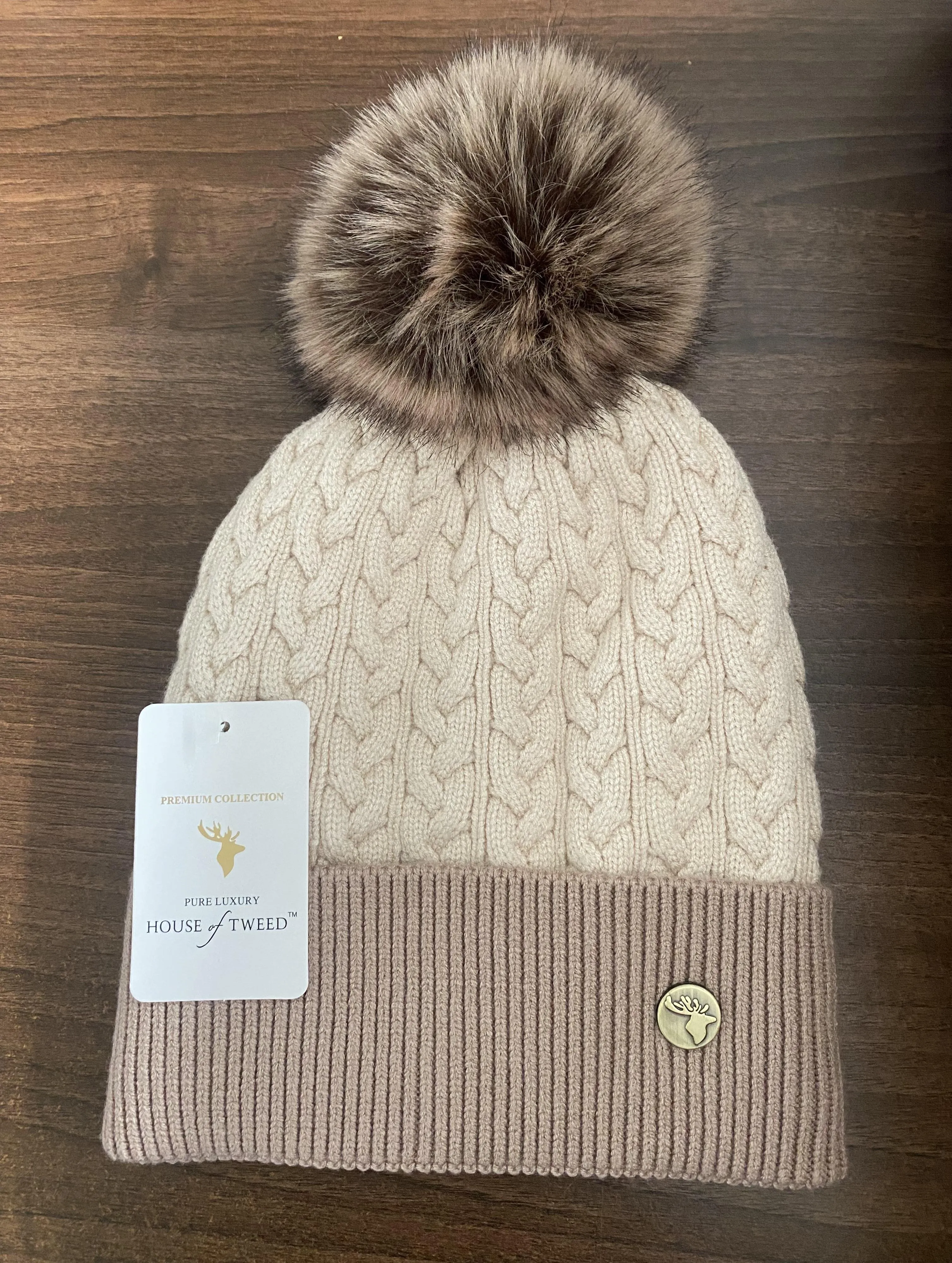 House of Tweed Luxury Plaited Ladies Bobble Pom Pom Beanie Hats