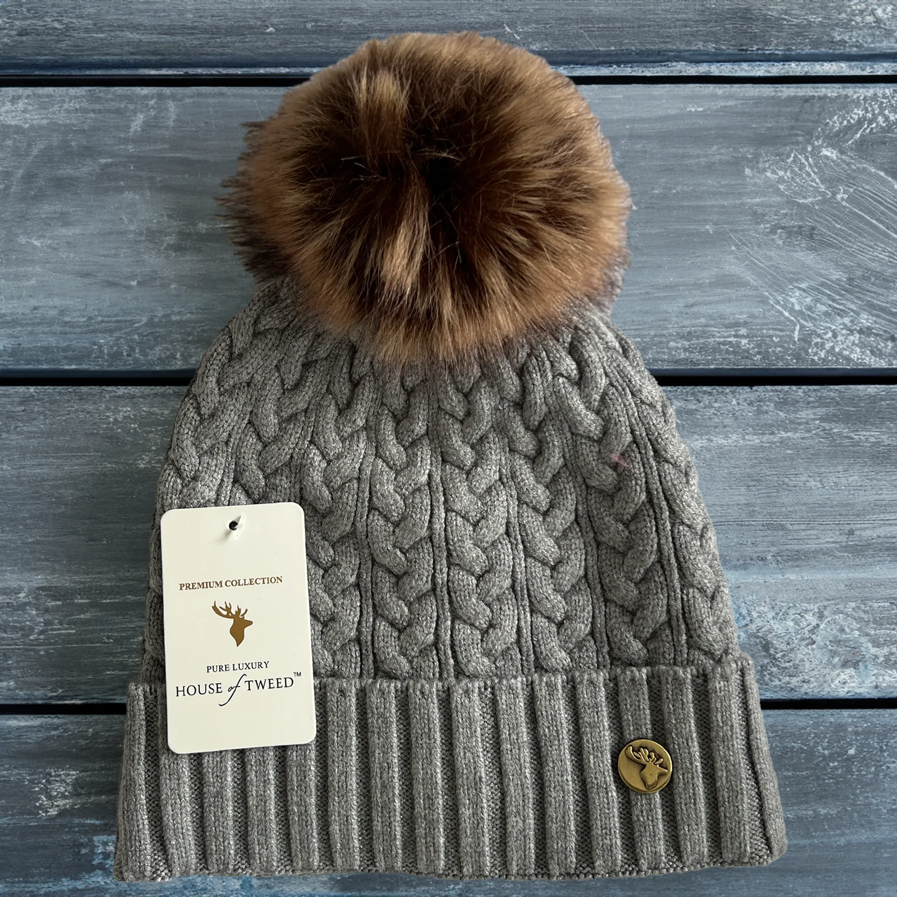 House of Tweed Luxury Plaited Ladies Bobble Pom Pom Beanie Hats