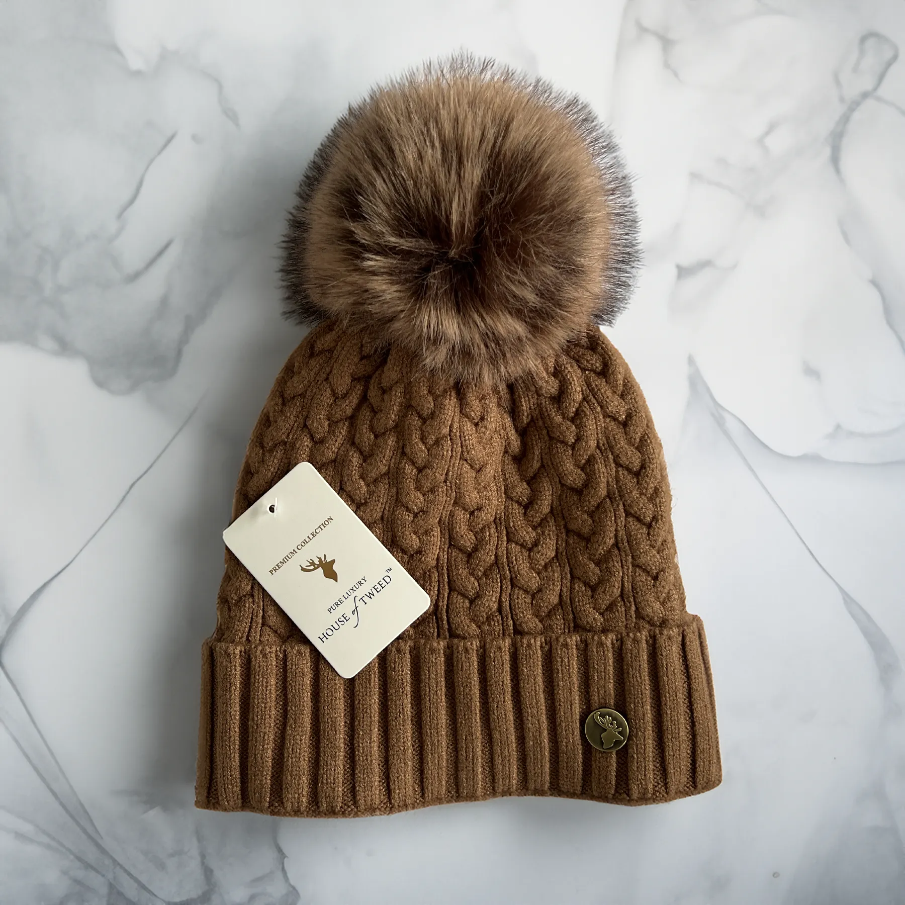 House of Tweed Luxury Plaited Ladies Bobble Pom Pom Beanie Hats