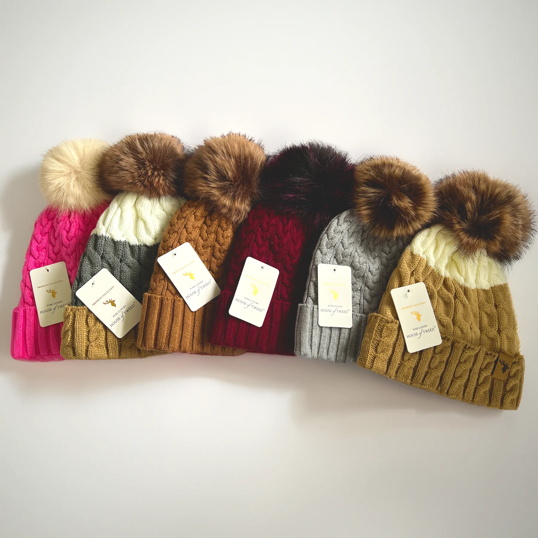 House of Tweed Luxury Plaited Ladies Bobble Pom Pom Beanie Hats