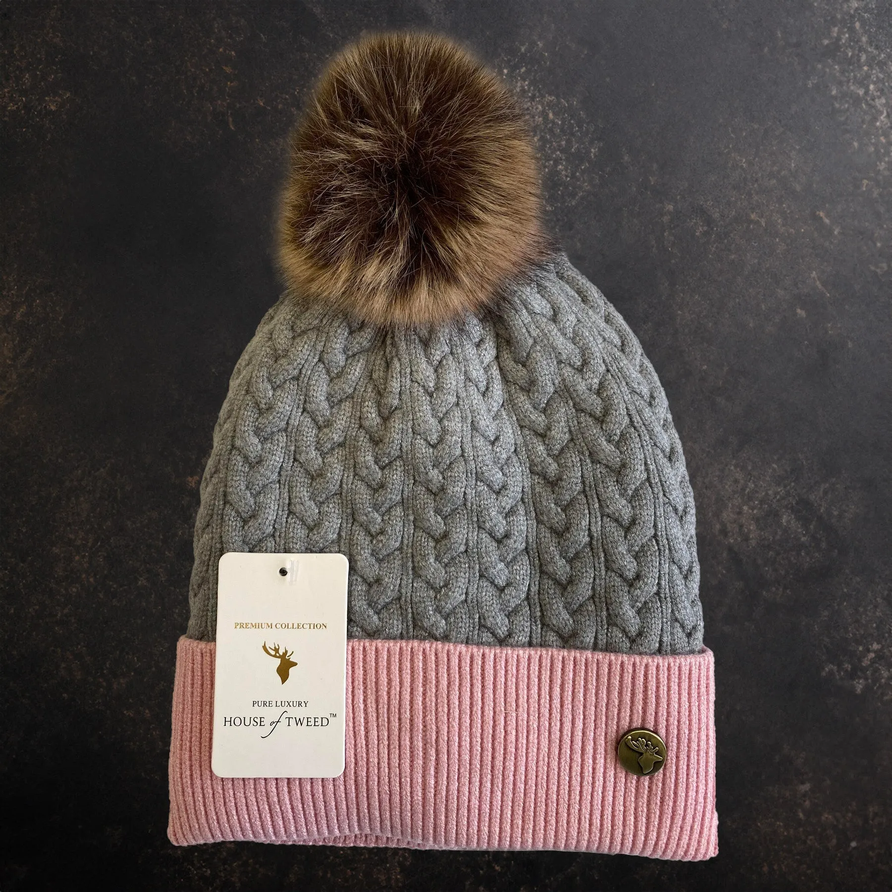 House of Tweed Luxury Plaited Ladies Bobble Pom Pom Beanie Hats