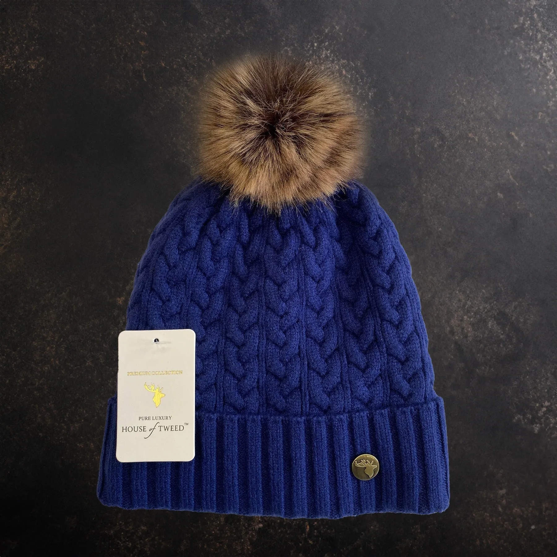 House of Tweed Luxury Plaited Ladies Bobble Pom Pom Beanie Hats