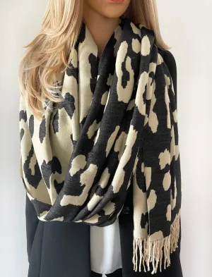 LARGE BEIGE CASHMERE LEOPARD PRINT REVERSIBLE WINTER SHAWL BLANKET SCARF