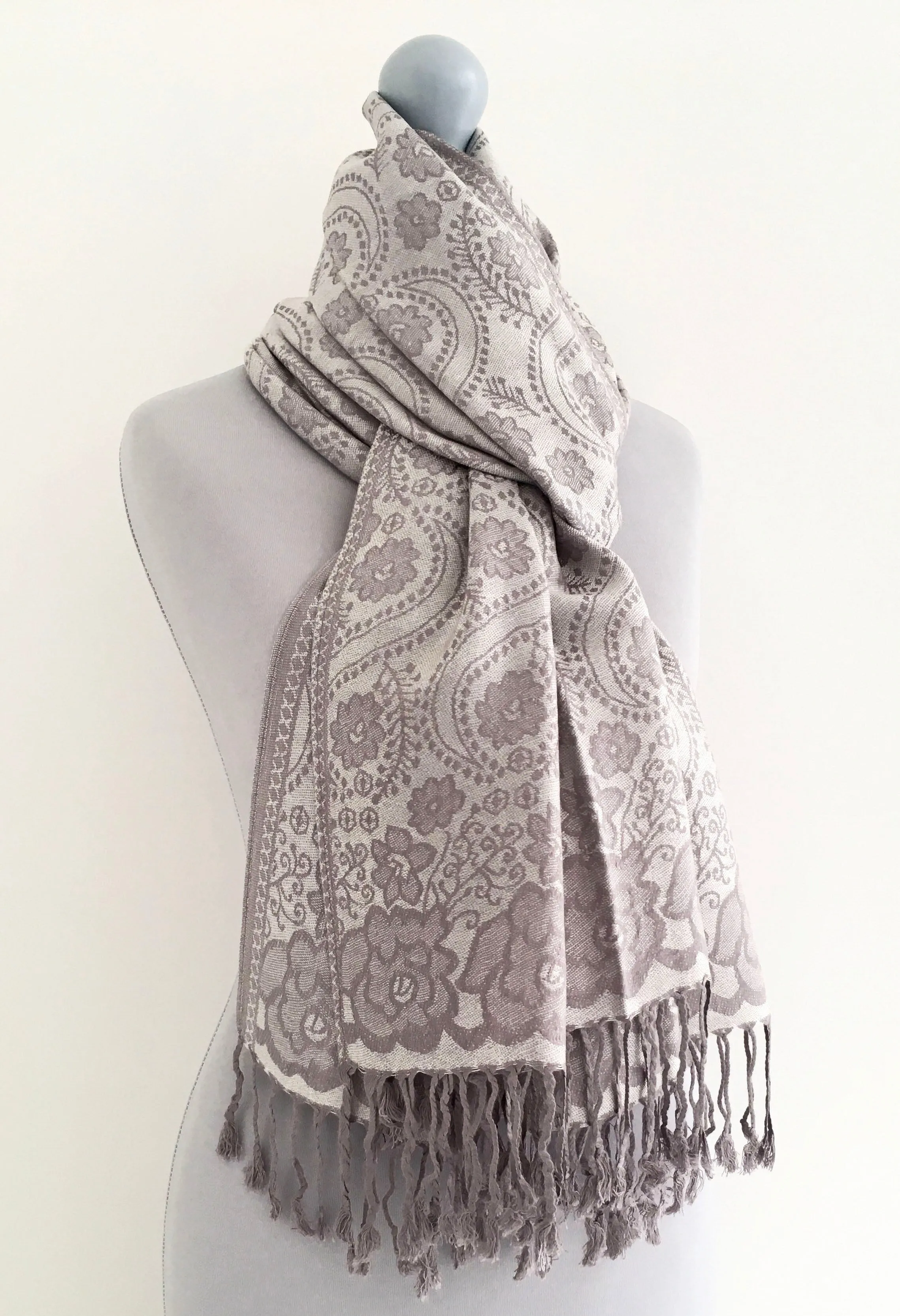 LARGE SILVER SWIRL FLORAL PRINT REVERSIBLE PASHMINA SHAWL SCARF