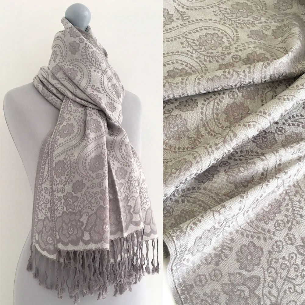 LARGE SILVER SWIRL FLORAL PRINT REVERSIBLE PASHMINA SHAWL SCARF