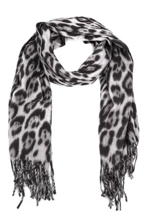 Leopard Print Fringed Scarf - Grey