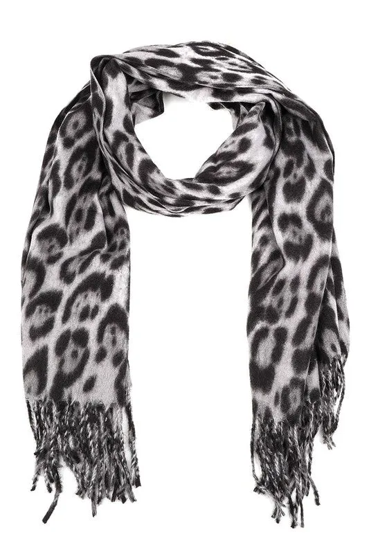 Leopard Print Fringed Scarf - Grey