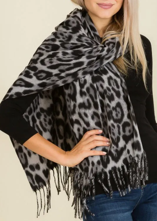 Leopard Print Fringed Scarf - Grey