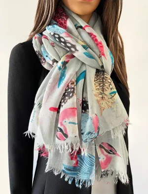 LIGHTWEIGHT BLUE BIRDS AND FEATHERS SCARF