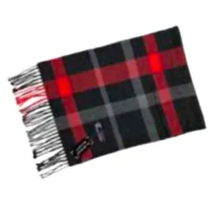 Red & Grey Check Plaid Fringed Scarf