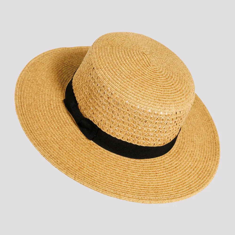 Rialto | Womens Sewn Paper Braid Boater Sun Hat with Ribbon Band